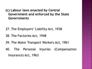 (c) Labour laws enacted by Central
Government and enforced by the State
Governments
37. The Employers’ Liability Act, 1938
38. The Factories Act, 1948
39. The Motor Transport Workers Act, 1961
40. The Personal Injuries (Compensation
Insurance) Act, 1963
 