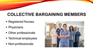 COLLECTIVE BARGAINING MEMBERS
 Registered Nurses
 Physicians
 Other professionals
 Technical employees
 Non-professionals
 
