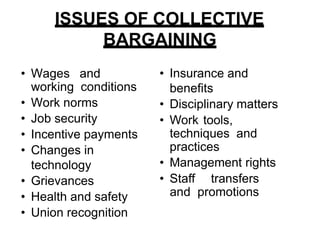 ISSUES OF COLLECTIVE
BARGAINING
• Wages and
working conditions
• Work norms
• Job security
• Incentive payments
• Changes in
technology
• Grievances
• Health and safety
• Union recognition
• Insurance and
benefits
• Disciplinary matters
• Work tools,
techniques and
practices
• Management rights
• Staff transfers
and promotions
 