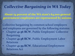 Collective Bargaining in WA Today
 About 74 percent of the WA state’s 64,000 general
government employees are represented by unions.

Collective bargaining by common school employers
and employees are governed by the following statutes:
• Chapter 41.56 RCW, Public Employees' Collective
  Bargaining
• Chapter 41.58 RCW, Public Employment Labor
  Relations
• Chapter 41.59 RCW, Educational Employment
  Relations Act
 