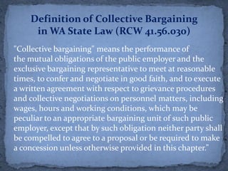 Definition of Collective Bargaining
     in WA State Law (RCW 41.56.030)
"Collective bargaining" means the performance of
the mutual obligations of the public employer and the
exclusive bargaining representative to meet at reasonable
times, to confer and negotiate in good faith, and to execute
a written agreement with respect to grievance procedures
and collective negotiations on personnel matters, including
wages, hours and working conditions, which may be
peculiar to an appropriate bargaining unit of such public
employer, except that by such obligation neither party shall
be compelled to agree to a proposal or be required to make
a concession unless otherwise provided in this chapter.”
 