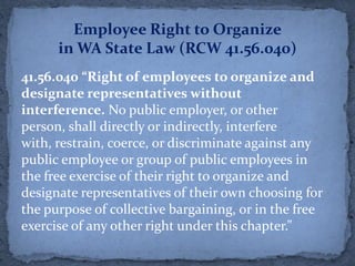 Employee Right to Organize
      in WA State Law (RCW 41.56.040)
41.56.040 “Right of employees to organize and
designate representatives without
interference. No public employer, or other
person, shall directly or indirectly, interfere
with, restrain, coerce, or discriminate against any
public employee or group of public employees in
the free exercise of their right to organize and
designate representatives of their own choosing for
the purpose of collective bargaining, or in the free
exercise of any other right under this chapter.”
 