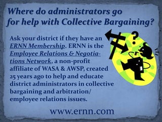 Where do administrators go
for help with Collective Bargaining?
Ask your district if they have an
ERNN Membership. ERNN is the
Employee Relations & Negotia-
tions Network, a non-profit
affiliate of WASA & AWSP, created
25 years ago to help and educate
district administrators in collective
bargaining and arbitration/
employee relations issues.

              www.ernn.com
 
