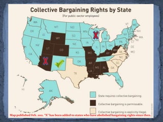 Map published Feb. 2011. “X” has been added to states who have abolished bargaining rights since then.
 