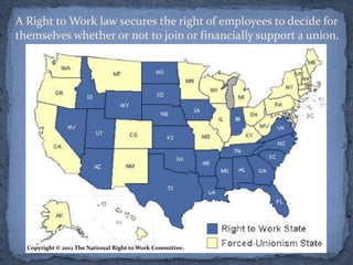 A Right to Work law secures the right of employees to decide for
themselves whether or not to join or financially support a union.




  Copyright © 2012 The National Right to Work Committee.
 