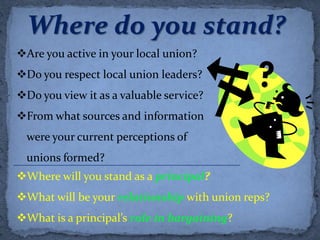 Where do you stand?
Are you active in your local union?
Do you respect local union leaders?
Do you view it as a valuable service?
From what sources and information
  were your current perceptions of
  unions formed?
Where will you stand as a principal?
What will be your relationship with union reps?
What is a principal’s role in bargaining?
 