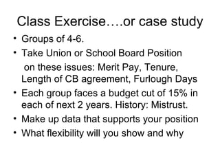 Class Exercise….or case study
• Groups of 4-6.
• Take Union or School Board Position
  on these issues: Merit Pay, Tenure,
  Length of CB agreement, Furlough Days
• Each group faces a budget cut of 15% in
  each of next 2 years. History: Mistrust.
• Make up data that supports your position
• What flexibility will you show and why
 