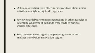 ■ Obtain information from other nurse executives about union
activities in neighboring health agencies.
■ Review other labour contracts negotiating in other agencies to
determine what type of demands were made by various
worker categories.
■ Keep ongoing record agency employees grievances and
analyses these before negotiation begins.
 