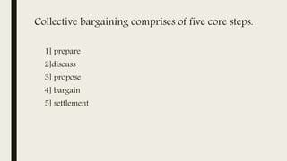 Collective bargaining comprises of five core steps.
1] prepare
2]discuss
3] propose
4] bargain
5] settlement
 