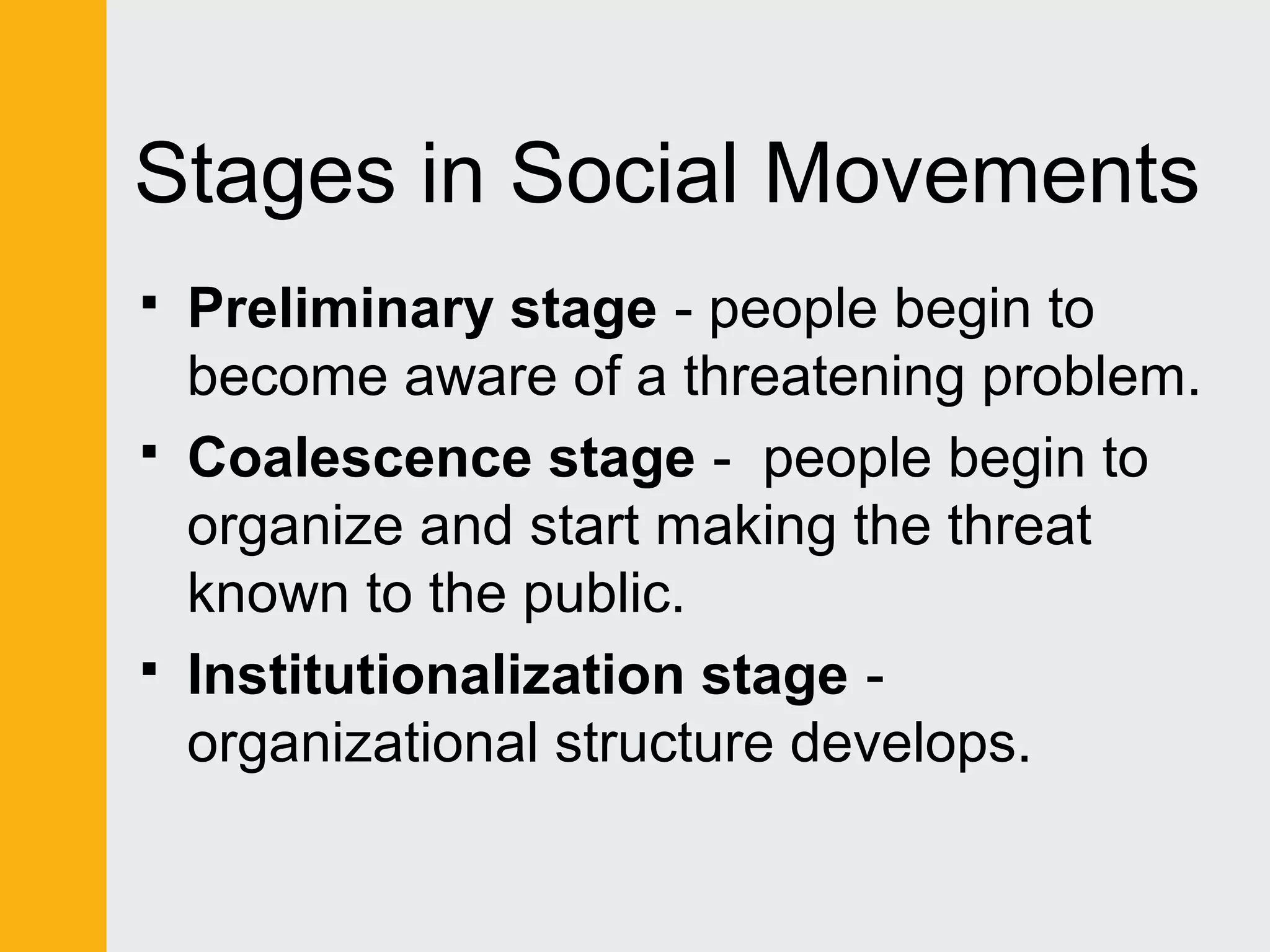 Stages in Social Movements 
 Preliminary stage - people begin to 
become aware of a threatening problem. 
 Coalescence stage - people begin to 
organize and start making the threat 
known to the public. 
 Institutionalization stage - 
organizational structure develops. 
 