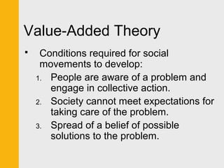 Value-Added Theory 
 Conditions required for social 
movements to develop: 
1. People are aware of a problem and 
engage in collective action. 
2. Society cannot meet expectations for 
taking care of the problem. 
3. Spread of a belief of possible 
solutions to the problem. 
 