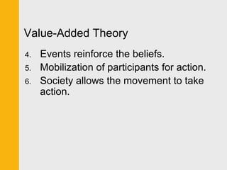 Value-Added Theory 
4. Events reinforce the beliefs. 
5. Mobilization of participants for action. 
6. Society allows the movement to take 
action. 
 
