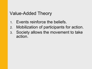 Value-Added Theory Events reinforce the beliefs. Mobilization of participants for action. Society allows the movement to take action. 