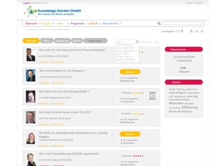 Sie befinden sich hier: ->Fragen->Alle Fragen
Übersicht
Wissenswertes
offen
Durchschnittliche
Antwortzeit
6:38
Minuten
Wo sucht Ihr nach Recruitment 2.0 Praxis Beispielen?
von Karl Witten (10.03.2010)
>>merken >>versenden
1 Antwort
4 mal angesehen
10 Beobachter
*****
Wer hat Kontakte zur Uni-Stuttgart?
von Bernhard Kunz (10.03.2010)
>>merken >>versenden
Wer kennt die neu Verordnung bfg304 ?
von Walter Breisig (10.03.2010)
>>merken >>versenden
*****
Wo finde ich einen guten Coach für LIFO?
von Peter Schmidt (10.03.2010)
>>merken >>versenden
*****
Wo finde ich weitergehende Informationen zu Learing
Nuggets
von Karin Nussbaum (10.03.2010)
>>merken >>versenden
Wer hat Praxiserfahrung mit REISS gesammelt?
von Kati Rosenberg (10.03.2010)
*****
4 mal angesehen
10 Beobachter
1 Antwort
4 mal angesehen
5 Beobachter
1 Antwort
4 mal angesehen
10 Beobachter
4 mal angesehen
2 Beobachter
1 Antwort
4 mal angesehen
10 Beobachter
Deine Frage
Antwort
Antwort
1 2 3 4 5 6… (297)
Design Thinking Assessment
Reqruiting2.0 social Media
LIFO Betriebsrat Learning
Unternehmenskultur
Methoden Beispiele
Controlling OffShoring
Work-Life-Balance
Themen
Alle
meist diskutiert
meist beobachtet
meist angeschlossen
nach Thema
Fragen Freunde
meine Fragen/Ant.
Übersicht I Fragen I Ideen I Prognosen I Aufrufe I MeinBereich I
geschlossen Aufrufe
 