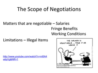 The Scope of NegotiationsMatters that are negotiable – Salaries                    										    Fringe Benefits          					                             Working ConditionsLimitations – Illegal Itemshttp://www.youtube.com/watch?v=ml5A4wlipVg&NR=1