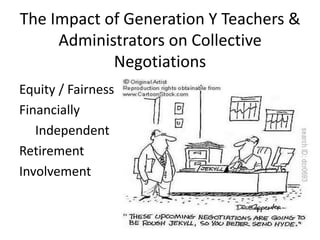 The Impact of Generation Y Teachers & Administrators on Collective NegotiationsEquity / FairnessFinancially 		IndependentRetirementInvolvement 