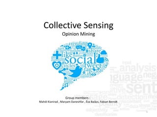 Collective Sensing 
Opinion Mining 
Group members : 
Mahdi Kianirad , Maryam Daneshfar , Éva Balázs, Fabian Berndt 
1 
 