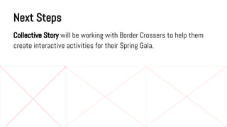 Next Steps
Collective Story will be working with Border Crossers to help them
create interactive activities for their Spring Gala.

 