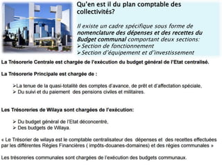 Qu’en est il du plan comptable des
collectivités?
Il existe un cadre spécifique sous forme de
nomenclature des dépenses et des recettes du
Budget communal comportant deux sections:
Section de fonctionnement
Section d’équipement et d’investissement
 