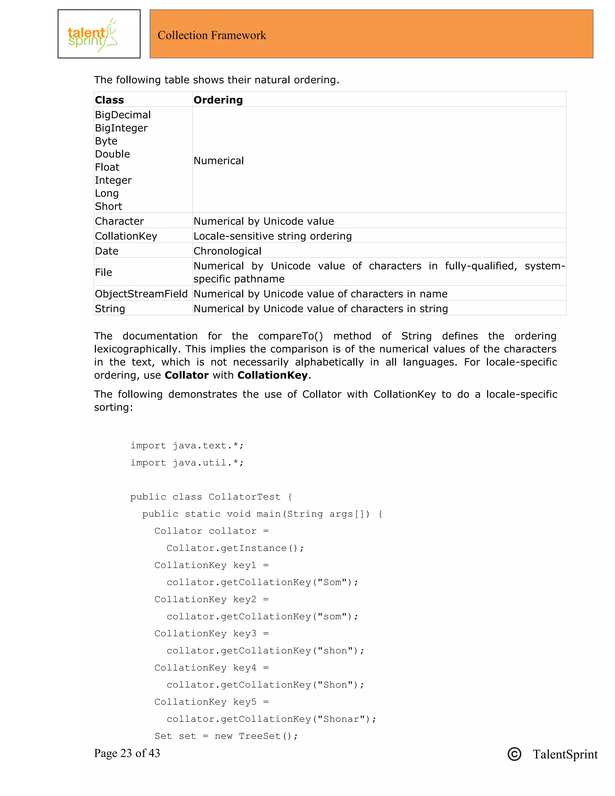 Page 23 of 43 TalentSprint
Collection Framework
The following table shows their natural ordering.
Class Ordering
BigDecimal
BigInteger
Byte
Double
Float
Integer
Long
Short
Numerical
Character Numerical by Unicode value
CollationKey Locale-sensitive string ordering
Date Chronological
File
Numerical by Unicode value of characters in fully-qualified, system-
specific pathname
ObjectStreamField Numerical by Unicode value of characters in name
String Numerical by Unicode value of characters in string
The documentation for the compareTo() method of String defines the ordering
lexicographically. This implies the comparison is of the numerical values of the characters
in the text, which is not necessarily alphabetically in all languages. For locale-specific
ordering, use Collator with CollationKey.
The following demonstrates the use of Collator with CollationKey to do a locale-specific
sorting:
import java.text.*;
import java.util.*;
public class CollatorTest {
public static void main(String args[]) {
Collator collator =
Collator.getInstance();
CollationKey key1 =
collator.getCollationKey("Som");
CollationKey key2 =
collator.getCollationKey("som");
CollationKey key3 =
collator.getCollationKey("shon");
CollationKey key4 =
collator.getCollationKey("Shon");
CollationKey key5 =
collator.getCollationKey("Shonar");
Set set = new TreeSet();
 
