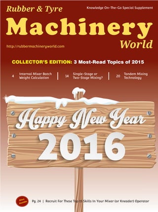 Machinery
World
Rubber & Tyre Knowledge On-The-Go Special Supplement
http://rubbermachineryworld.com
3 Most-Read Topics of 2015COLLECTOR’S EDITION:
4
Internal Mixer Batch
Weight Calculation 20
Tandem Mixing
Technology14
Single-Stage or
Two-Stage Mixing?
Pg. 24 | Recruit For These Top 15 Skills In Your Mixer (or Kneader) OperatorAlso
Inside
 