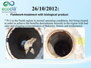 26/10/2012:
* Pv's in the North region in normal operating conditions, but being treated
in order to achieve the benefits downstream network in the region with bad
odor and clogging (concentration of Bakeries, Hotels and restaurants);
• Fieldwork-treatment with biological product
 