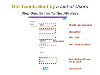 Get Tweets Sent by a List of Users
Step One: Set up Twitter API Keys
Create your app name
Description
URL: ANY
Check box
URL: same as above
Describe how the app
will be used
Click create
 