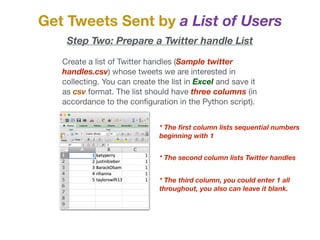 Get Tweets Sent by a List of Users
Step Two: Prepare a Twitter handle List
* The ﬁrst column lists sequential numbers
beginning with 1
Create a list of Twitter handles (Sample twitter
handles.csv) whose tweets we are interested in
collecting. You can create the list in Excel and save it
as csv format. The list should have three columns (in
accordance to the conﬁguration in the Python script).

* The second column lists Twitter handles
* The third column, you could enter 1 all
throughout, you also can leave it blank.
 