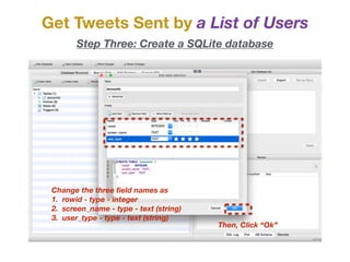 Get Tweets Sent by a List of Users
Step Three: Create a SQLite database
Change the three ﬁeld names as
1. rowid - type - integer
2. screen_name - type - text (string)
3. user_type - type - text (string)
Then, Click “Ok”
 