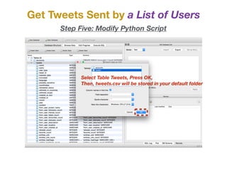 Get Tweets Sent by a List of Users
Step Five: Modify Python Script
Select Table Tweets, Press OK,
Then, tweets.csv will be stored in your default folder
 