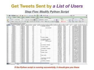Get Tweets Sent by a List of Users
Step Five: Modify Python Script
If the Python script is running successfully, it should give you these
 