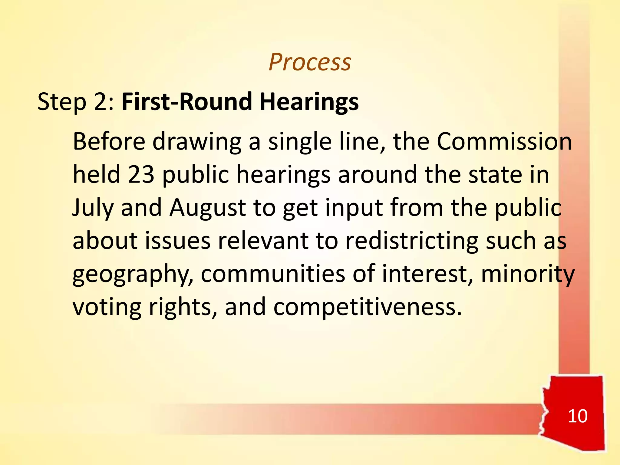 Process
Step 2: First-Round Hearings
Before drawing a single line, the Commission
held 23 public hearings around the state in
July and August to get input from the public
about issues relevant to redistricting such as
geography, communities of interest, minority
voting rights, and competitiveness.
10
 