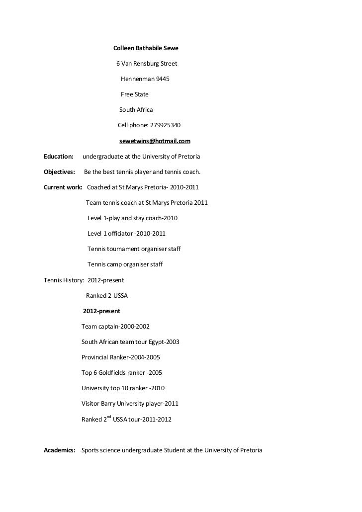 colleen bathabile sewe tennis cv tennis resume examples