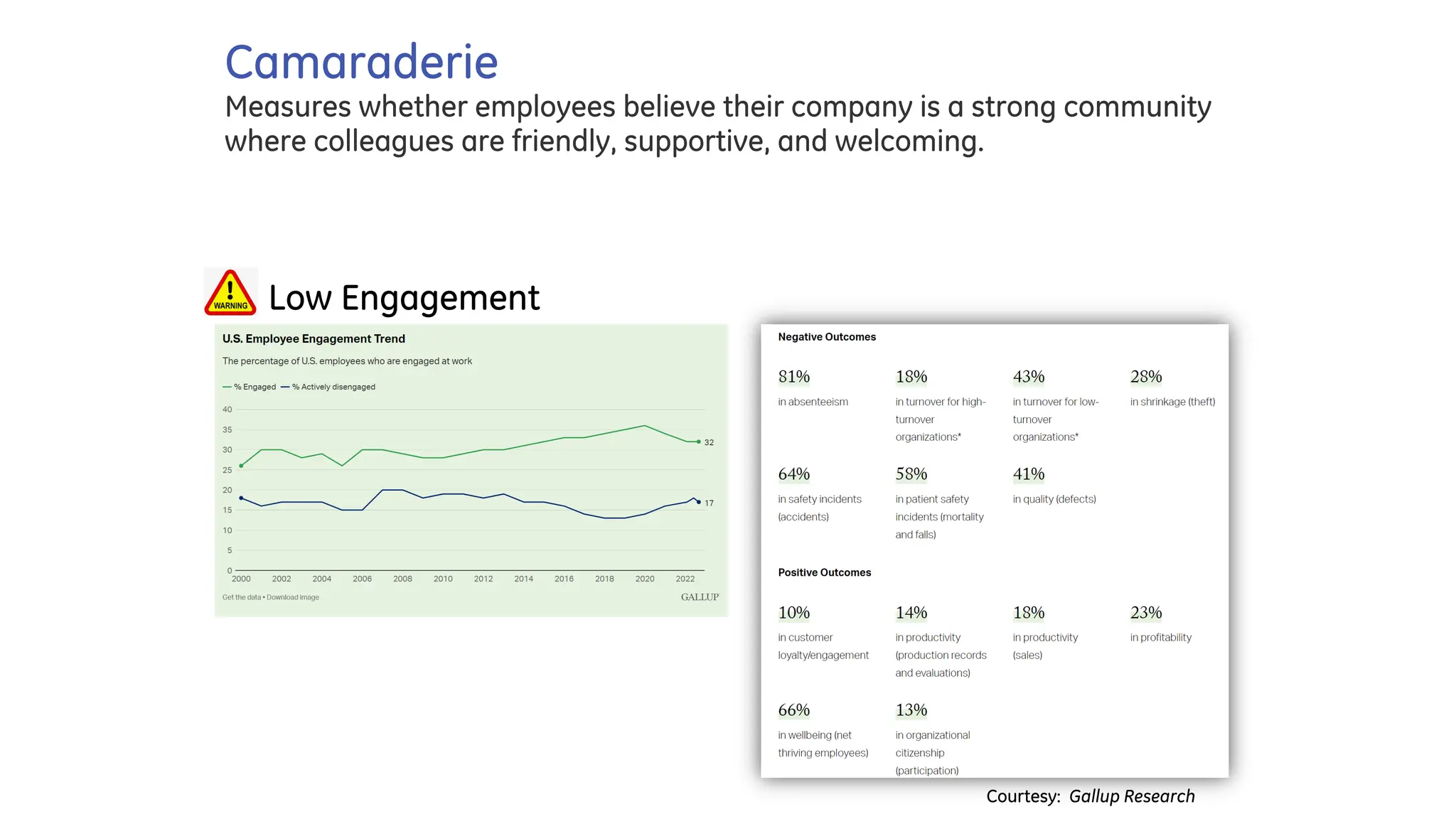 Camaraderie
Measures whether employees believe their company is a strong community
where colleagues are friendly, supportive, and welcoming.
Courtesy: Gallup Research
q Low Engagement
 