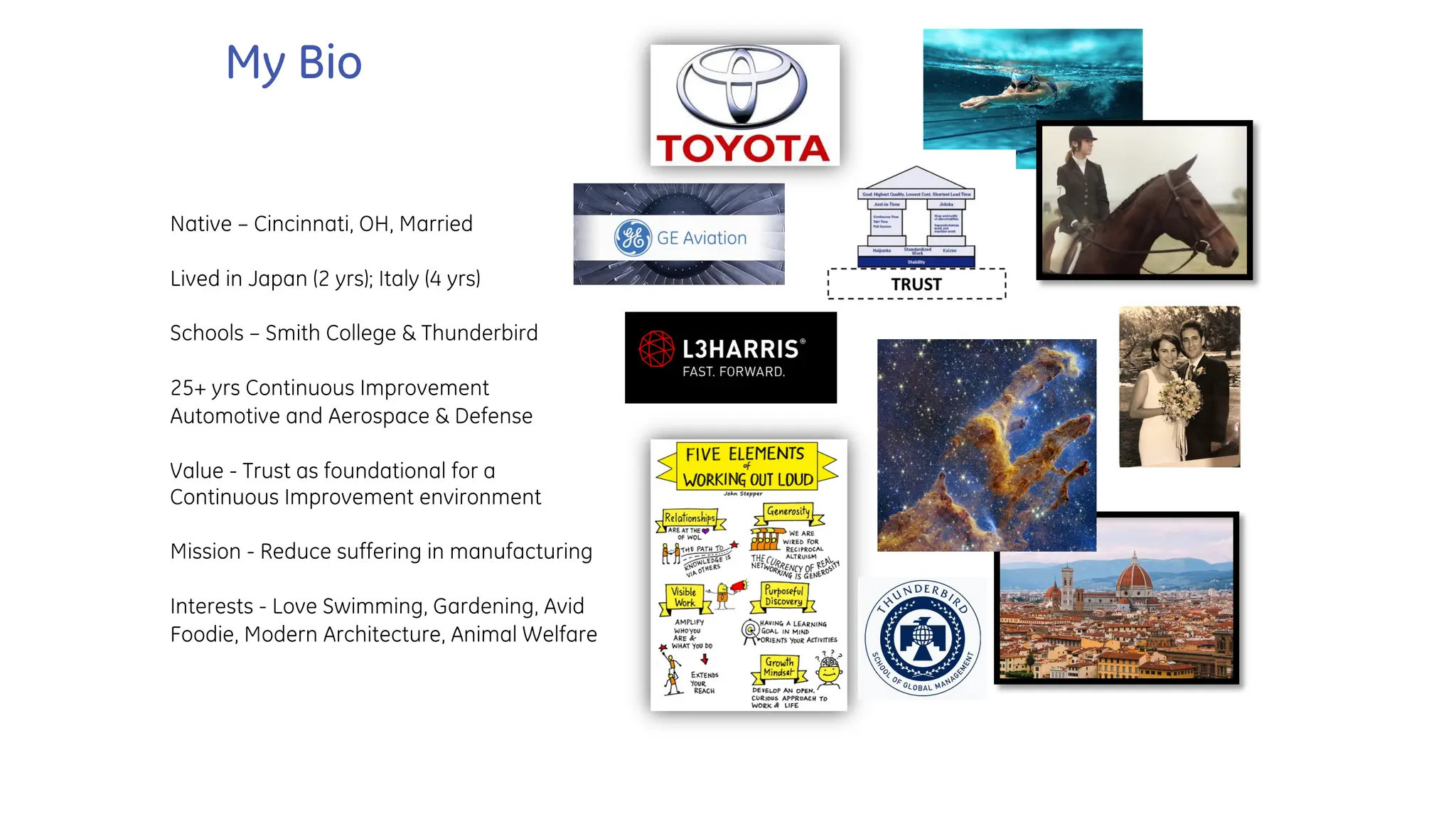 Native – Cincinnati, OH, Married
Lived in Japan (2 yrs); Italy (4 yrs)
Schools – Smith College & Thunderbird
25+ yrs Continuous Improvement
Automotive and Aerospace & Defense
Value - Trust as foundational for a
Continuous Improvement environment
Mission - Reduce suffering in manufacturing
Interests - Love Swimming, Gardening, Avid
Foodie, Modern Architecture, Animal Welfare
My Bio
 