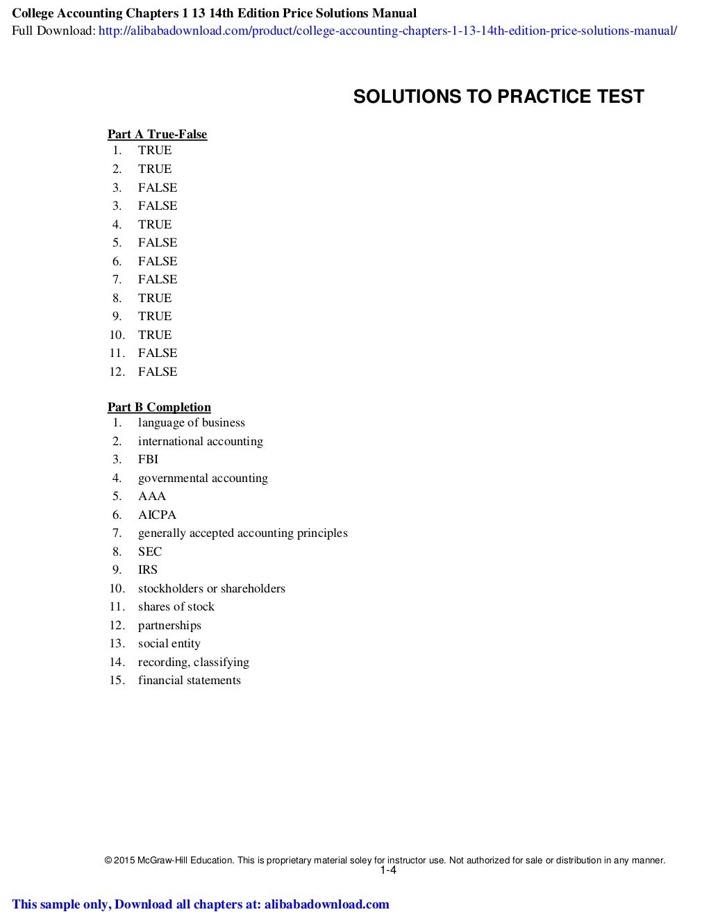 College Accounting Chapters 1 13 14th Edition Price Solutions Manual