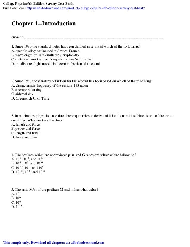 College Physics 9th Edition Serway Test Bank