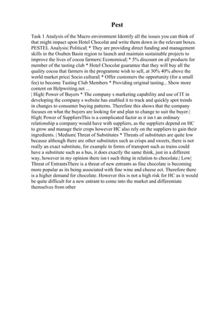 Pest
Task 1 Analysis of the Macro environment Identify all the issues you can think of
that might impact upon Hotel Chocolat and write them down in the relevant boxes.
PESTEL Analysis| Political| * They are providing direct funding and management
skills in the Osuben Basin region to launch and maintain sustainable projects to
improve the lives of cocoa farmers| Economical| * 5% discount on all products for
member of the tasting club * Hotel Chocolat guarantee that they will buy all the
quality cocoa that farmers in the programme wish to sell, at 30% 40% above the
world market price| Socio cultural| * Offer customers the opportunity (for a small
fee) to become Tasting Club Members * Providing original tasting... Show more
content on Helpwriting.net ...
| High| Power of Buyers * The company s marketing capability and use of IT in
developing the company s website has enabled it to track and quickly spot trends
in changes to consumer buying patterns. Therefore this shows that the company
focuses on what the buyers are looking for and plan to change to suit the buyer.|
High| Power of SuppliersThis is a complicated factor as it isn t an ordinary
relationship a company would have with suppliers, as the suppliers depend on HC
to grow and manage their crops however HC also rely on the suppliers to gain their
ingredients. | Medium| Threat of Substitutes * Threats of substitutes are quite low
because although there are other substitutes such as crisps and sweets, there is not
really an exact substitute, for example in forms of transport such as trains could
have a substitute such as a bus, it does exactly the same think, just in a different
way, however in my opinion there isn t such thing in relation to chocolate.| Low|
Threat of EntrantsThere is a threat of new entrants as fine chocolate is becoming
more popular as its being associated with fine wine and cheese ect. Therefore there
is a higher demand for chocolate. However this is not a high risk for HC as it would
be quite difficult for a new entrant to come into the market and differentiate
themselves from other
 
