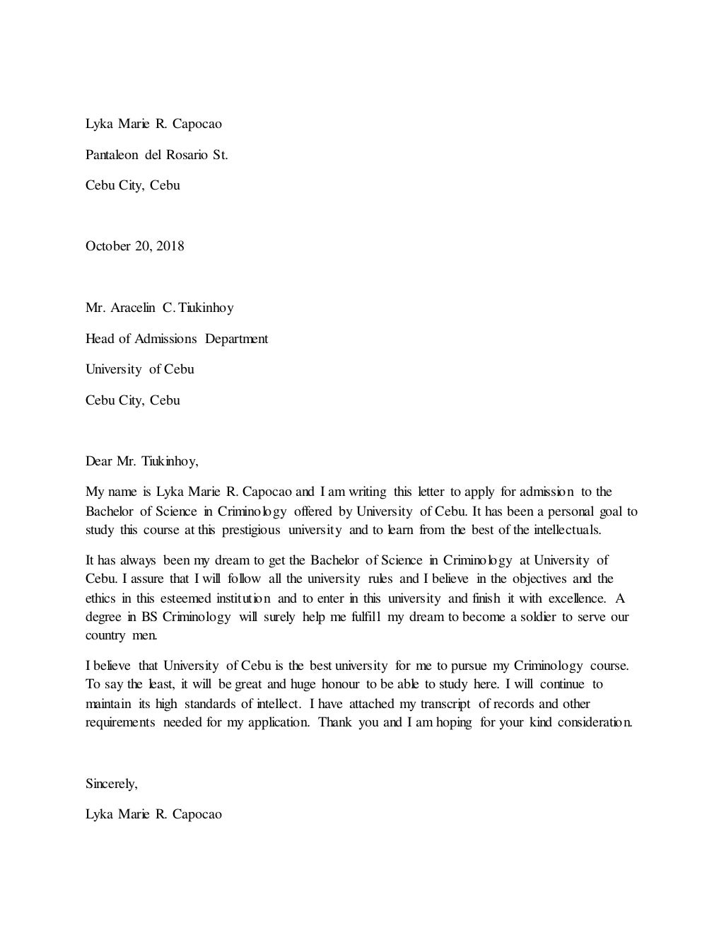 examples of application letter for college admission