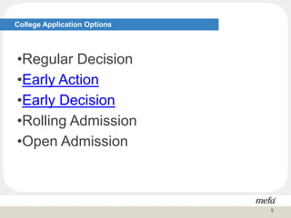 College Application Options
•Regular Decision
•Early Action
•Early Decision
•Rolling Admission
•Open Admission
5
 