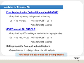 Applying for Financial Aid
•Free Application for Federal Student Aid (FAFSA):
–Required by every college and university
–2017-18 FAFSA: Available Oct 1, 2016
Asks for 2015 income
•CSS/Financial Aid PROFILE:
–Required by 400+ colleges and scholarship agencies
–2017-18 PROFILE: Available Oct 1, 2016
Asks for 2015 income
•College-specific financial aid applications
–Posted on each college’s financial aid website
Financial aid deadlines are so important!
18
 