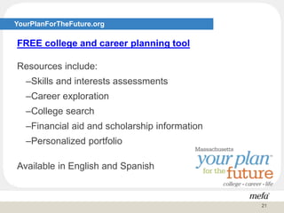 YourPlanForTheFuture.org
FREE college and career planning tool
Resources include:
–Skills and interests assessments
–Career exploration
–College search
–Financial aid and scholarship information
–Personalized portfolio
Available in English and Spanish
21
 