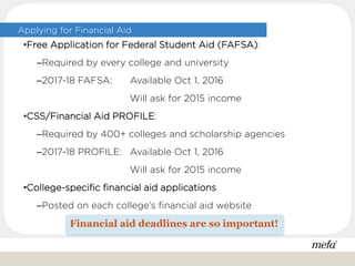 Applying for Financial Aid
•Free Application for Federal Student Aid (FAFSA):
–Required by every college and university
–2017-18 FAFSA: Available Oct 1, 2016
Will ask for 2015 income
•CSS/Financial Aid PROFILE:
–Required by 400+ colleges and scholarship agencies
–2017-18 PROFILE: Available Oct 1, 2016
Will ask for 2015 income
•College-specific financial aid applications
–Posted on each college’s financial aid website
Financial aid deadlines are so important!
 