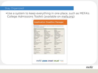 Stay Organized!
•Use a system to keep everything in one place, such as MEFA’s
College Admissions Toolkit (available on mefa.org)
 