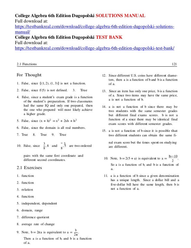 College Algebra 6th Edition Dugopolski Solutions Manual