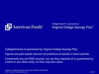 Interests in CollegeAmerica are sold through unaffiliated intermediaries.  © 2011 American Funds Distributors, Inc. AI-99974 CollegeAmerica is sponsored by Virginia College Savings Plan.  Figures are past results and are not predictive of results in future periods.  Investments are not FDIC-insured, nor are they deposits of or guaranteed by a bank or any other entity, so they may lose value. 