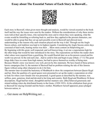 Essay about The Essential Nature of Each Story in Beowulf...
Each story in Beowulf, when given more thought and analysis, would be viewed essential to the book
itself and the way the issues were seen by the readers. Without the considerations of why these stories
were told at their specific times, who narrated the story and to whom they were speaking, what the
events would be foretelling or referring back to, and how they applied to the present characters, one
would be able to grasp that they set up each possible event in Beowulf and allowed more
understanding in the reasons why each situation played out the way it did. Through out the Anglo
Saxon culture, oral tradition was kept to its highest regards. Considering the Anglo Saxons entire days
consisted of hard work, hearing stories was their ... Show more content on Helpwriting.net ...
By beginning with this great, well respected, and well known king, it set one s expectations high for
the other kings that would be later introduced in the story. The expectations set before the reader show
what values were required from a good king. He would flourish later on as his powers waxed and his
worth was proved. In the end each clan ...had to yield to him and begin to pay tribute. (7 11) The great
kings didn t have to come from high statues, but had to prove themselves worthy of being men.
Because Shield s story was known very well, proven by this statement, We have heard of those princes
heroic campaigns (line 3), the narrator of Beowulf had no problem relating the tale of this famous
figure without using other characters to do it for him.
The narrator later revealed the backstory of Modthryth to show the comparison between Queen Hygd
and her. Here the qualities of a good queen were presented to set up the reader s expectation on what
to look for when a new female role was presented. A good queen as described by the narrator, was
selfless, pure, generous, kind and devoted to her king and country. Both Hygd and Wealtheow fit those
descriptions. Hygd had her mind...thoughtful and her manners sure. [She] behaved generously and
stinted nothing when she distributed bounty to the Geats. (1928 1931). At the celebration feast given
to Beowulf for slaying Grendel and the beast s mother, Wealtheow herself appeared, peace pledged
between nation, to
... Get more on HelpWriting.net ...
 
