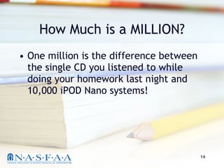 How Much is a MILLION? One million is the difference between the single CD you listened to while doing your homework last night and 10,000 iPOD Nano systems! 