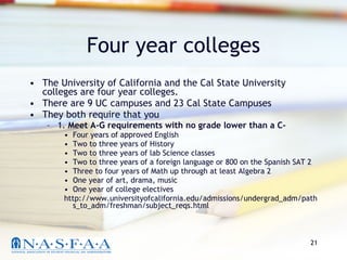 Four year colleges The University of California and the Cal State University colleges are four year colleges. There are 9 UC campuses and 23 Cal State Campuses They both require that you 1.  Meet A-G requirements with no grade lower than a C- Four years of approved English Two to three years of History Two to three years of lab Science classes Two to three years of a foreign language or 800 on the Spanish SAT 2 Three to four years of Math up through at least Algebra 2 One year of art, drama, music One year of college electives http://www.universityofcalifornia.edu/admissions/undergrad_adm/paths_to_adm/freshman/subject_reqs.html 