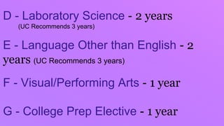 D - Laboratory Science - 2 years
(UC Recommends 3 years)
E - Language Other than English - 2
years (UC Recommends 3 years)
F - Visual/Performing Arts - 1 year
G - College Prep Elective - 1 year
 
